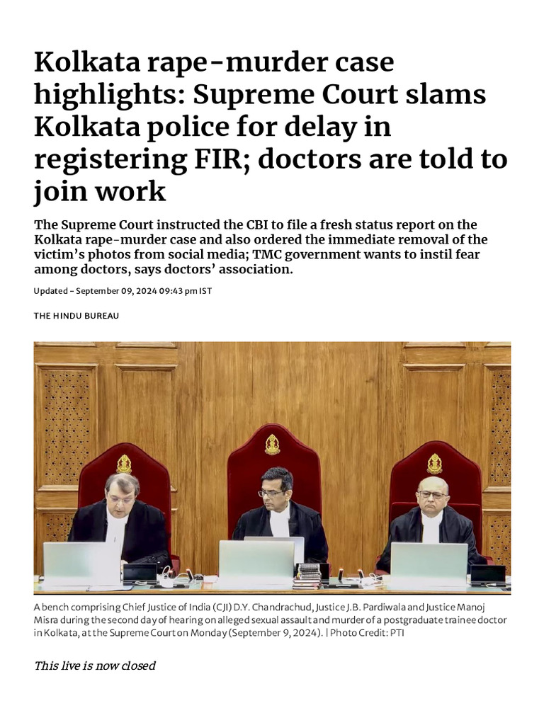 Kolkata Rape-Murder Case Highlights: Supreme Court Slams Kolkata Police ...