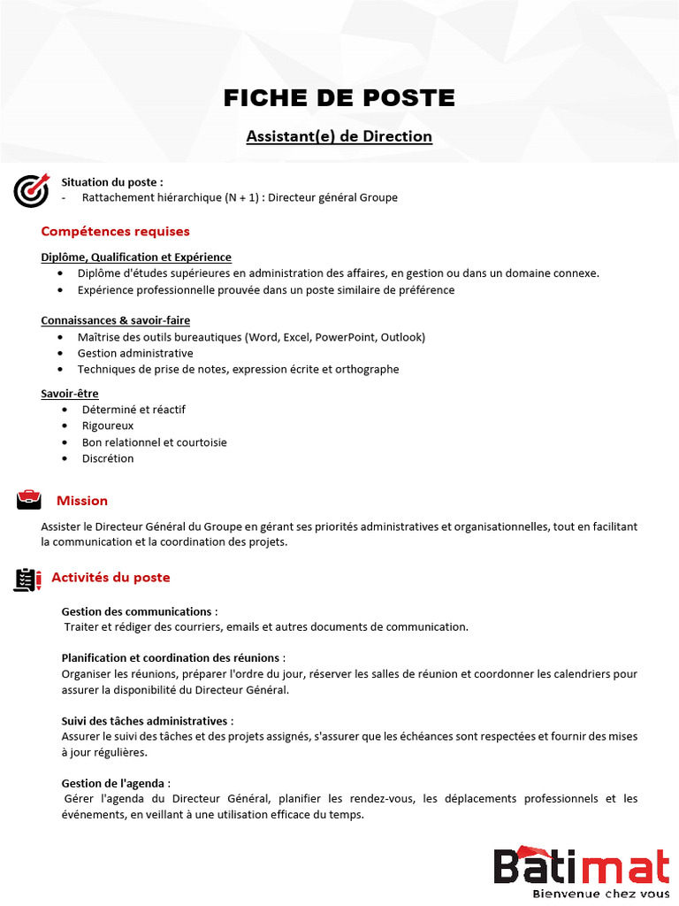 Fiche de Poste Assistant de Direction 1722855669 | PDF