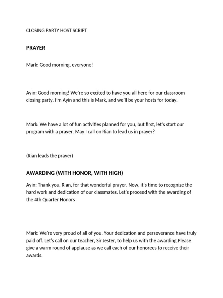 Classroom Closing Party Script | PDF