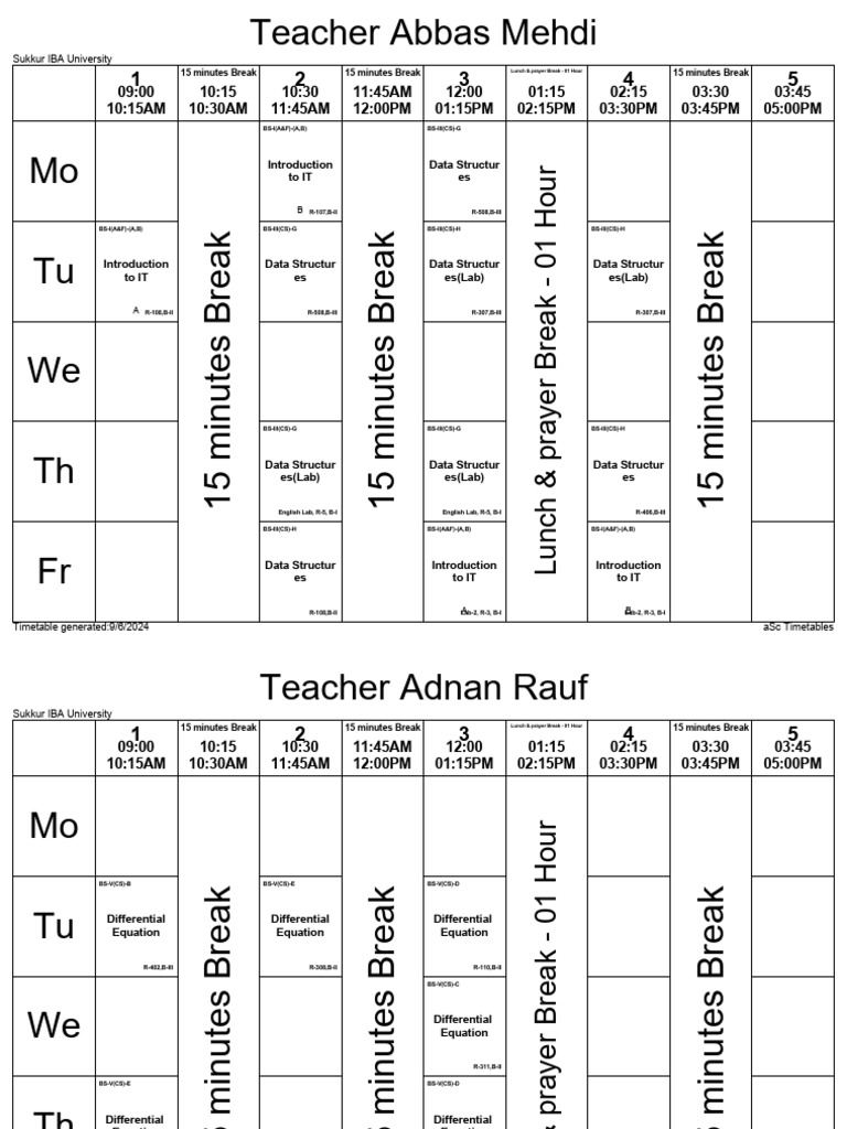 Fall 2024 Timetable W.E.F. 9th September 2024 Teacherwise | PDF