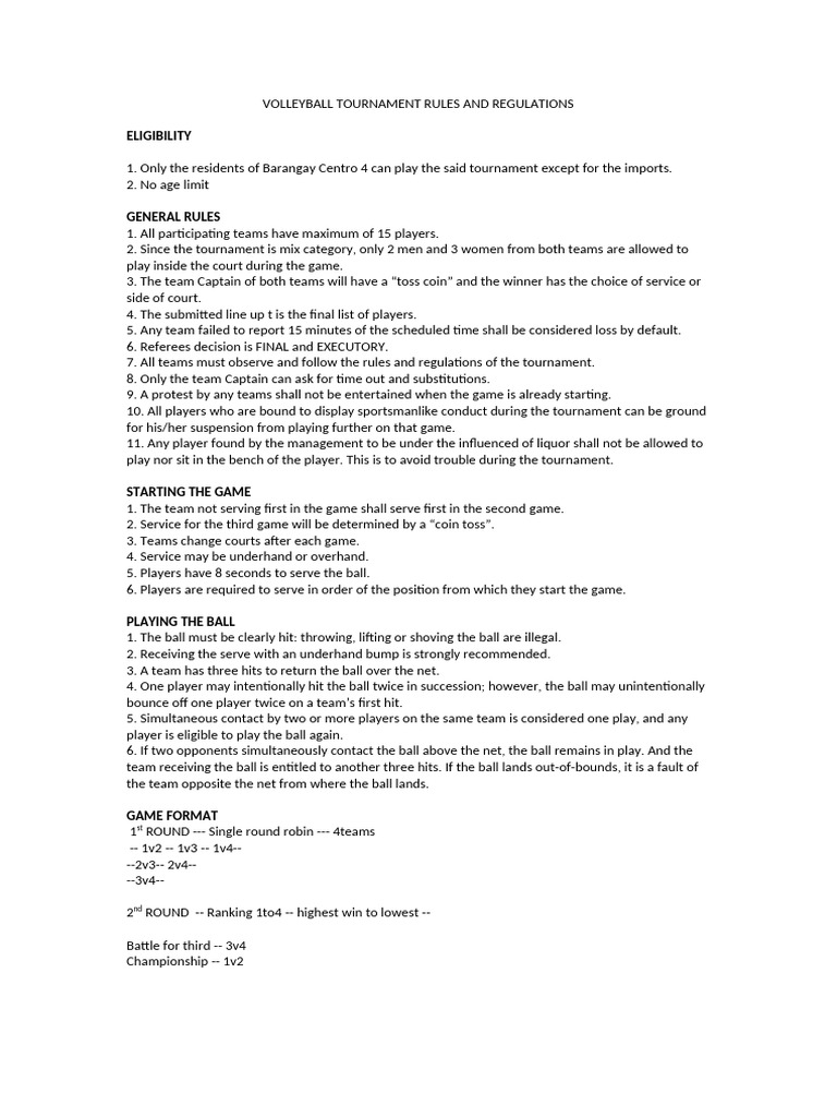 Volleyball Tournament Rules Overview | PDF | Volleyball | Athletic Sports