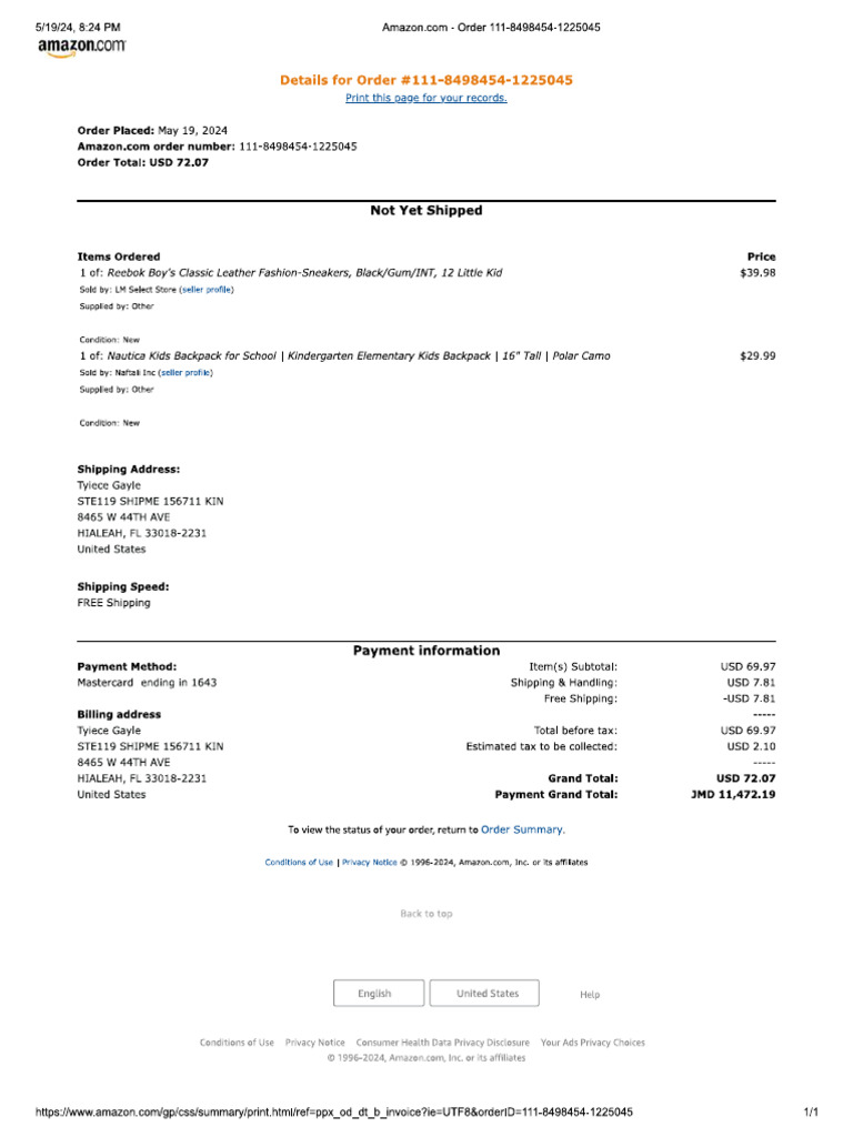 Tyiece Amazon Receipt | PDF