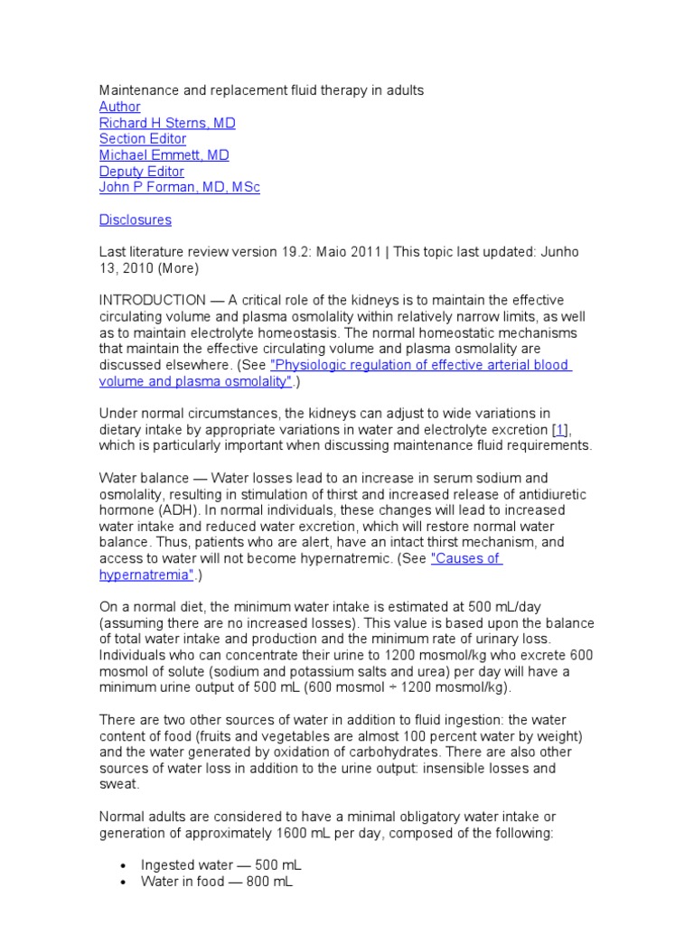 Maintenance and Replacement Fluid Therapy in Adults PDF Saline