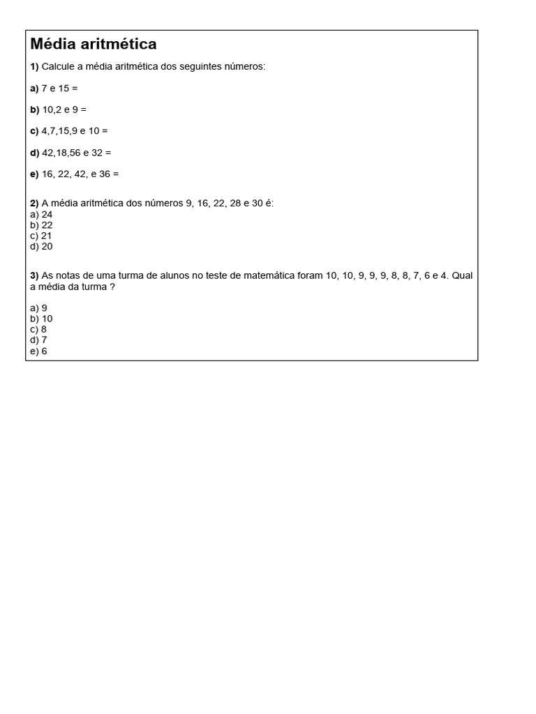 Exercicios 6 º Ano Matematica Media Aritmetica | PDF