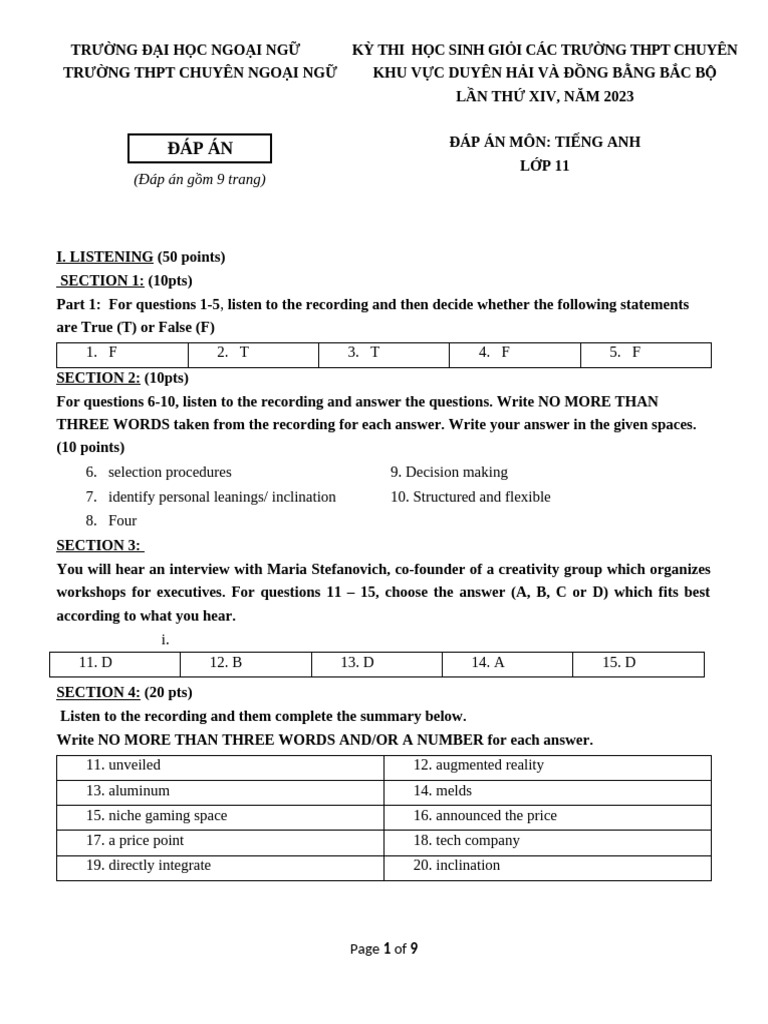 ANSWER KEY ĐỀ ĐỀ XUẤT CNN - HN lớp 11 | PDF