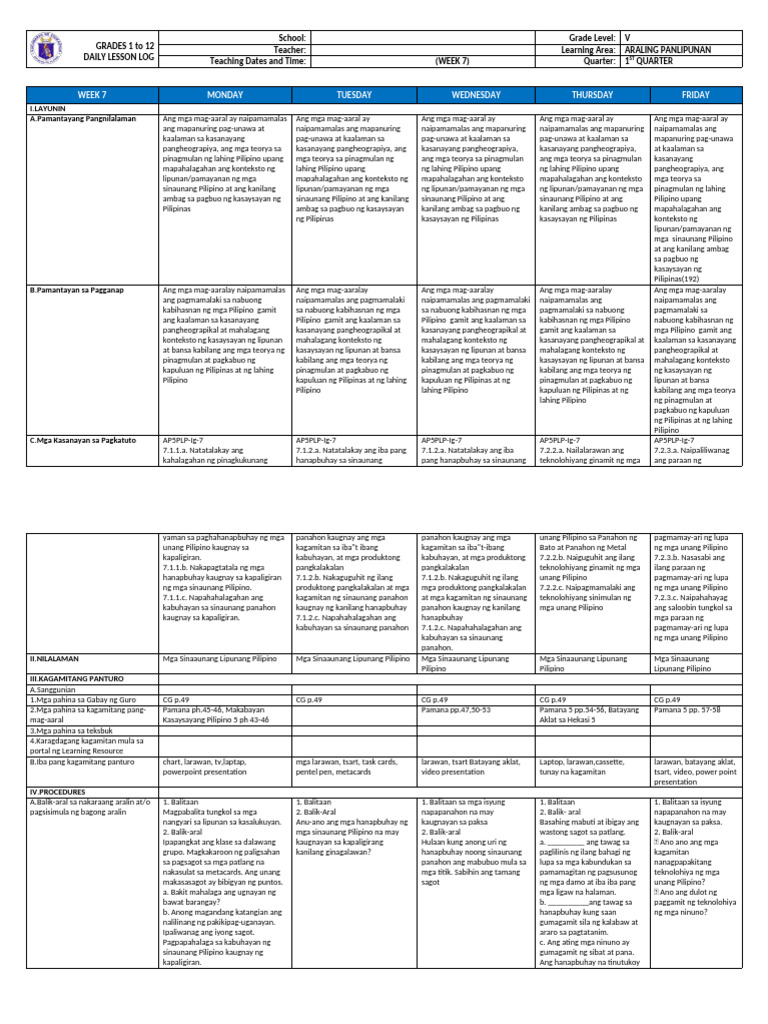 DLL g5 q1 Week 7 All Subjects | PDF