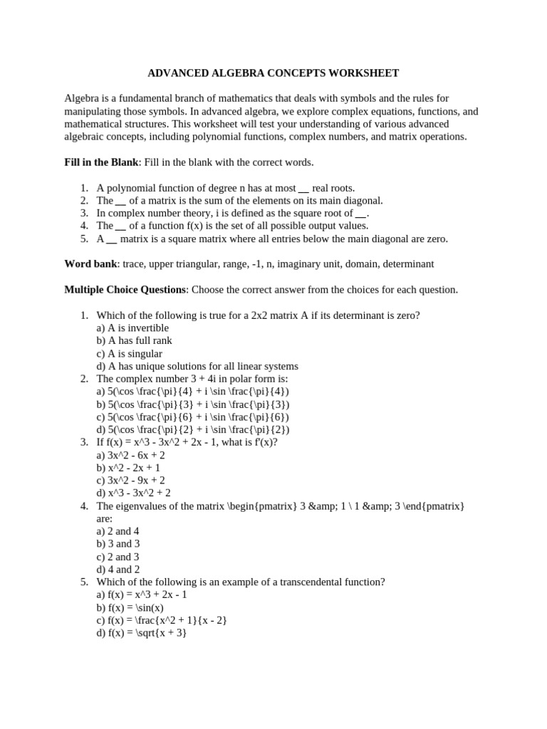 Advanced Algebra Concepts Worksheet | PDF