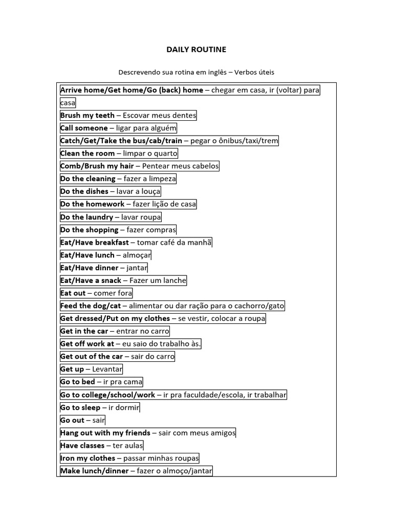 Daily Routine Vocabulary Pdf