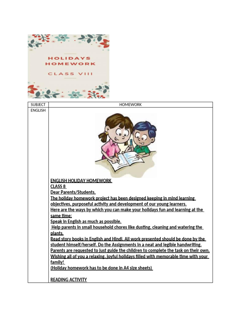 Class 8 Holiday Homework | PDF