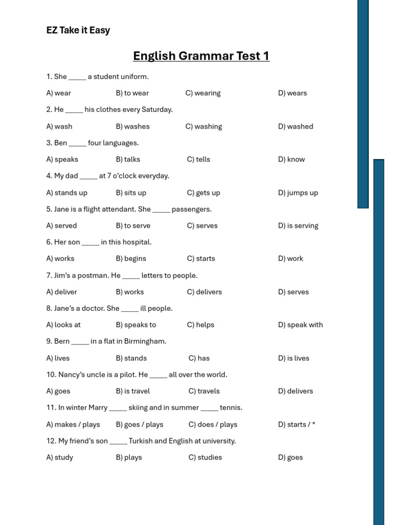 English Grammar Test 1 | PDF