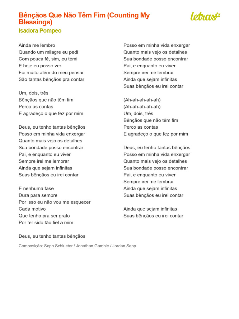 BENÇÃOS QUE NÃO TÊM FIM (COUNTING MY BLESSINGS) - Isadora Pompeo | PDF