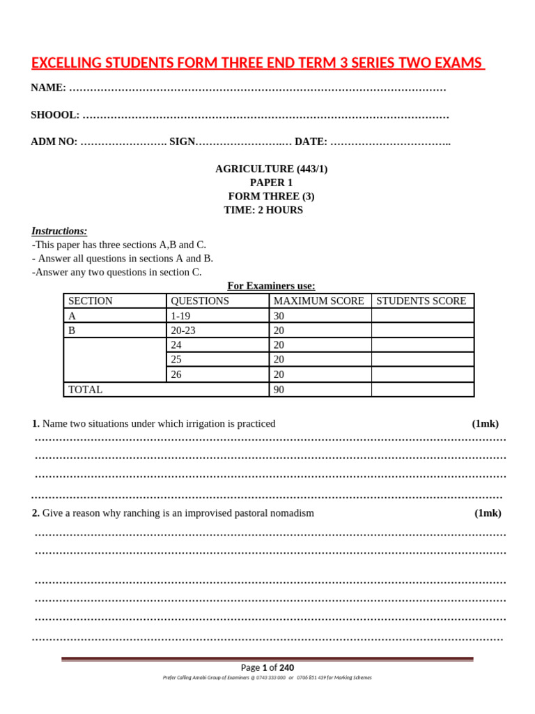 Excelling Students Form Three End Term 3 Series TWO Exams: Instructions ...