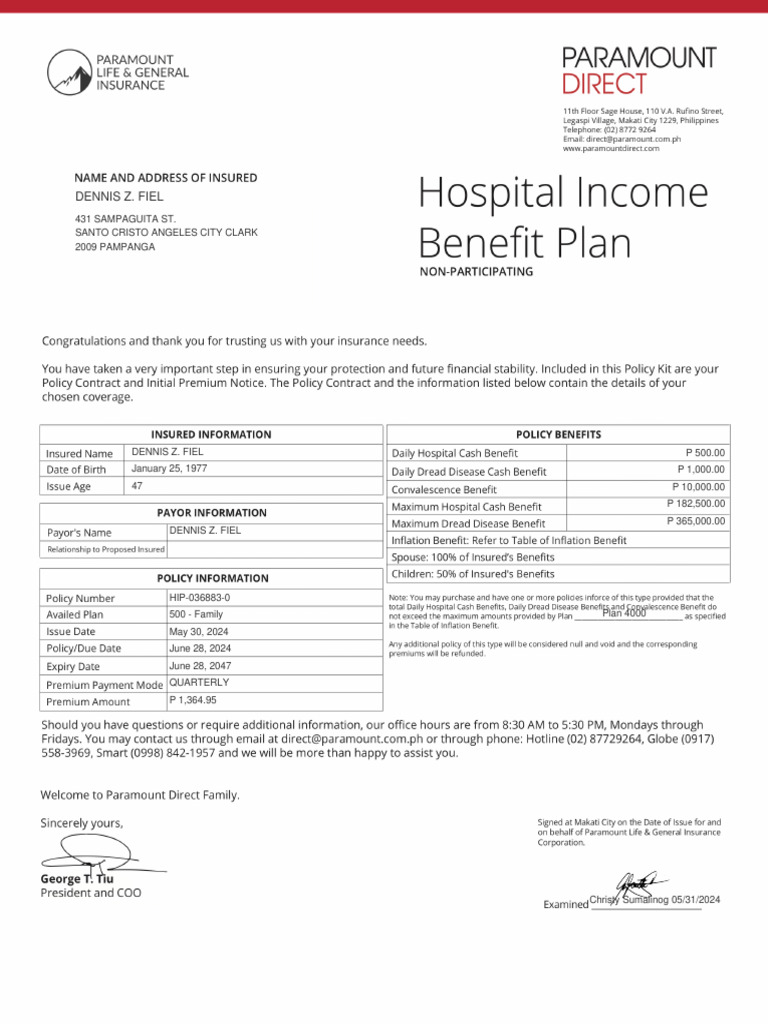 Hospital Income Benefit Plan Policy Schedule | PDF