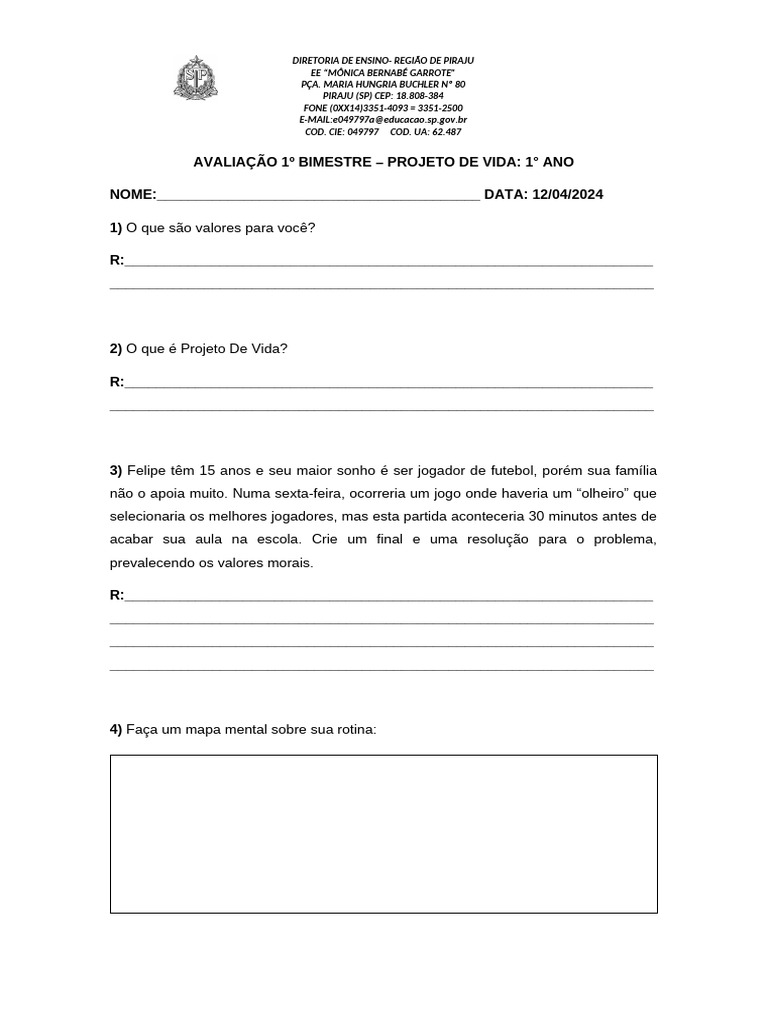Avaliação 1° Bimentre 1° Ano - Projeto de Vida | PDF