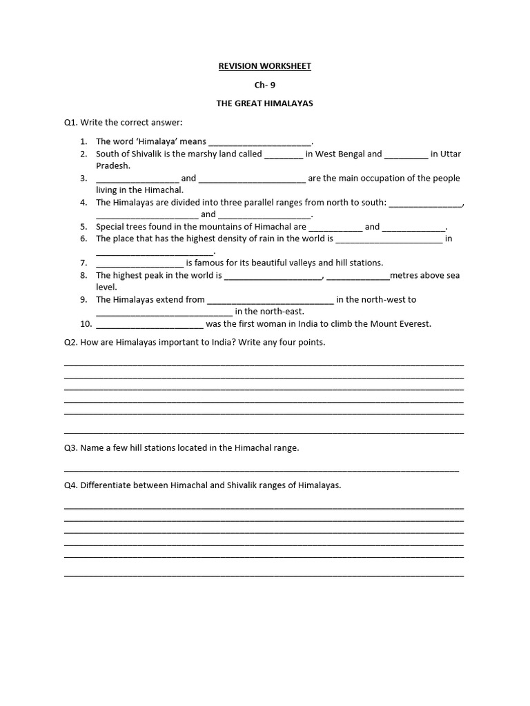 Revision Worksheet Ch-8 Northern Mountains | PDF