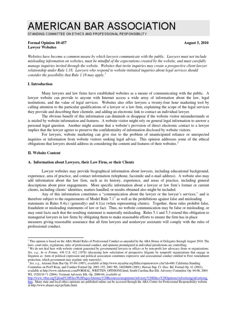 ABA Formal Ethics Opinion 10457 sites Lawyer Confidentiality