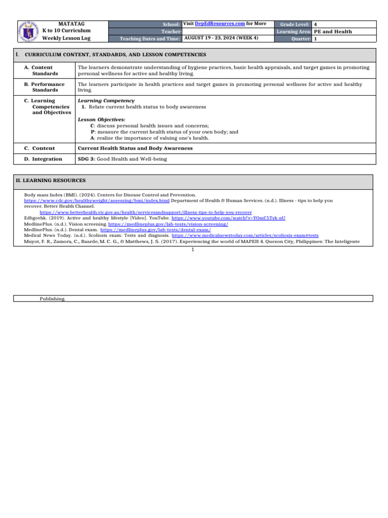 DLL Matatag - Pe & Health 4 Q1 Week 3 - 6 | PDF