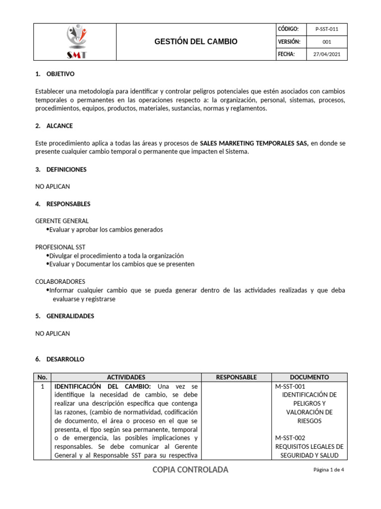 P-SST-011 Gestion Del Cambio | PDF