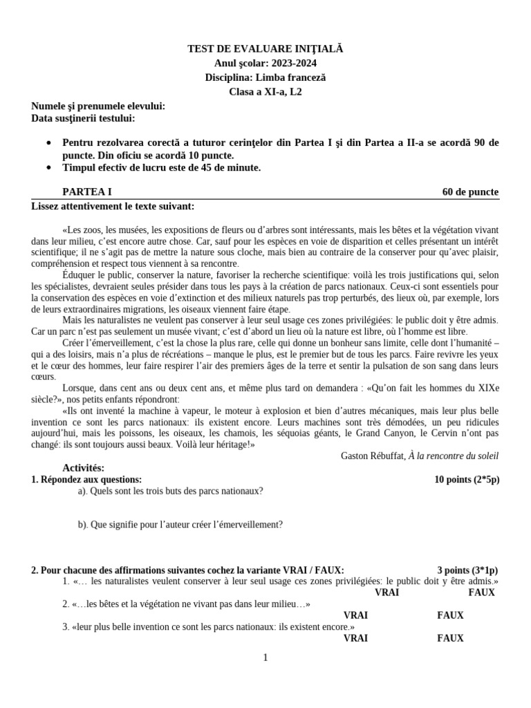 Test Initial Clasa A XI | PDF