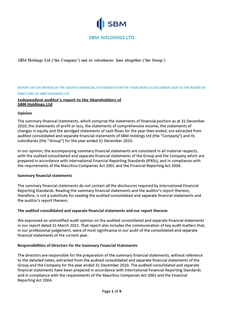 SBM Holdings LTD Abridged Audited Financial Statements 31 December 2020 ...