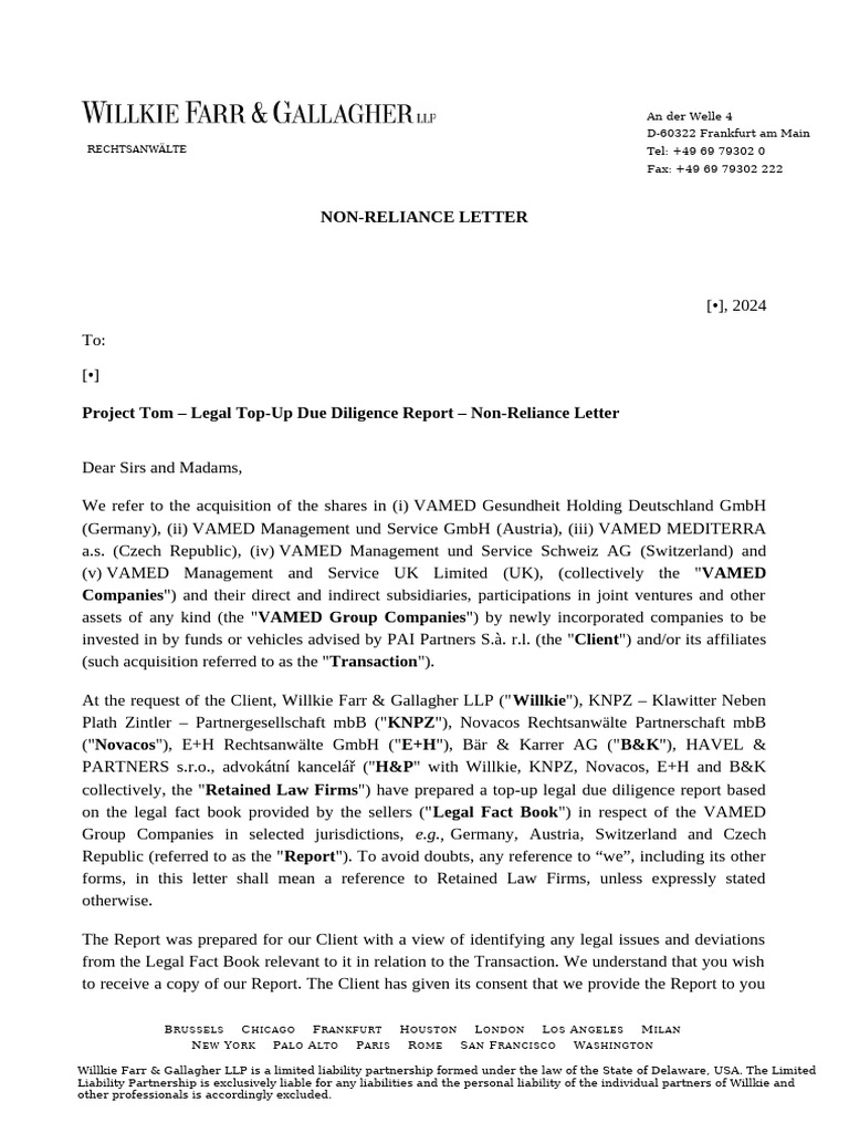 Project Tom - Non-Reliance Letter | PDF