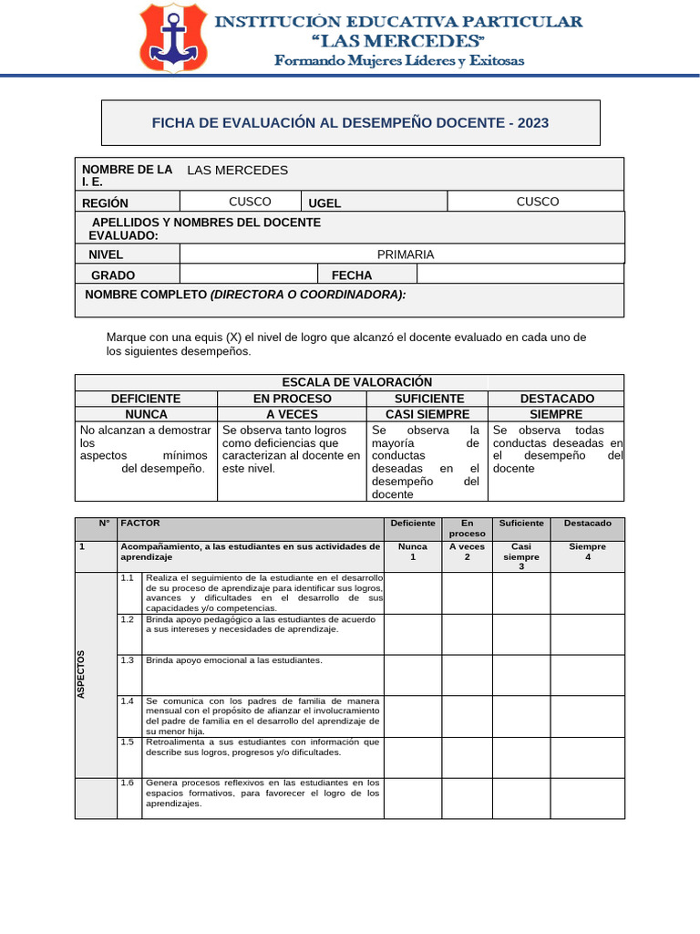 Ficha de Evaluación Docente 2023 | PDF | Aprendizaje | Evaluación
