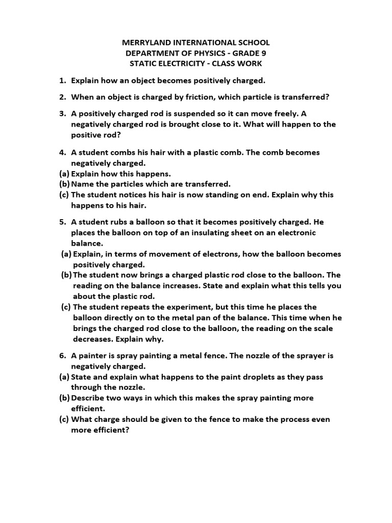 Static electricity class work pdf