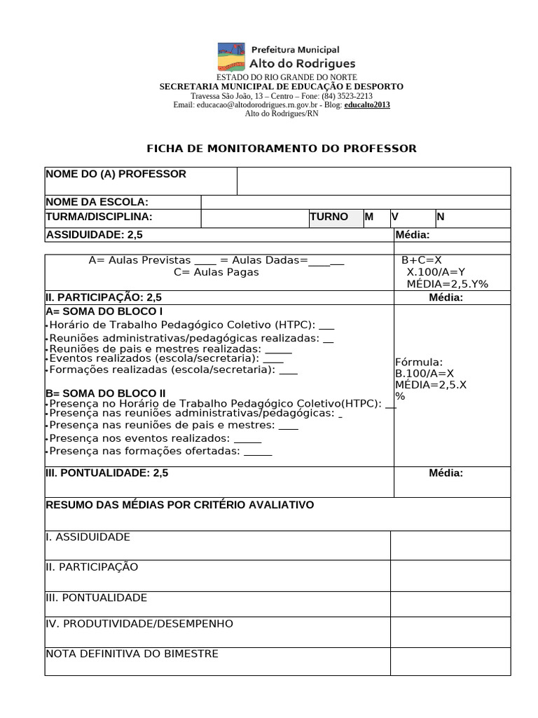 Ficha de Monitoramento Do Professor | PDF