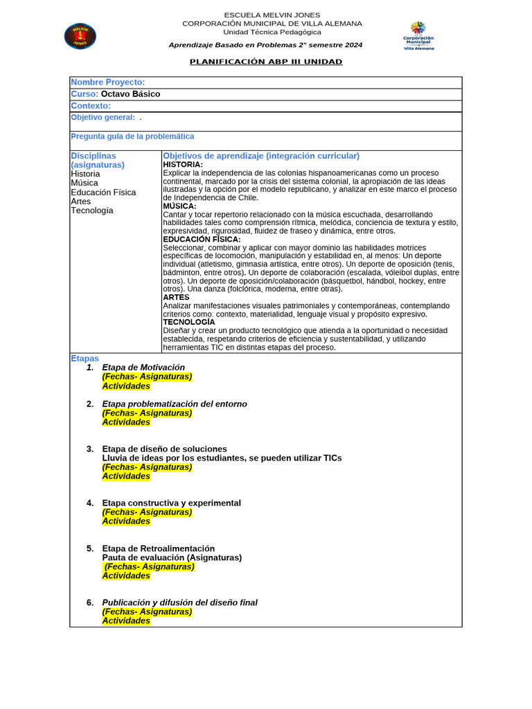 Planificación Abp Unidad III - Octavo Básico | PDF