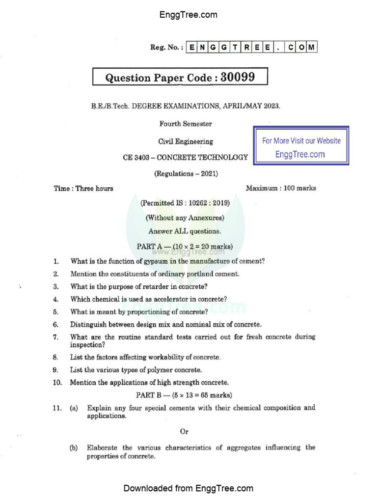 CE3403 Concrete Technology Apr May 2023 Question Paper Download | PDF