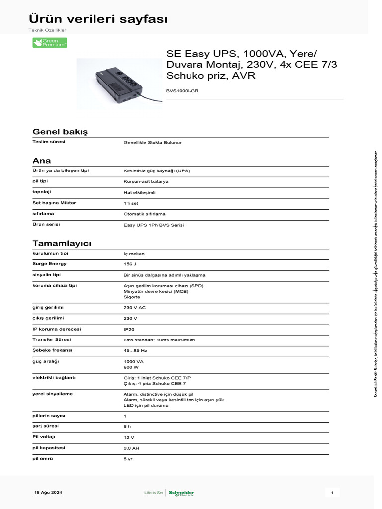 SAI Schneider Electric BVS1000I-GR | 1000 VA | Con AVR Y Salida Schuko | Protección Básica Para Ordenadores Y Dispositivos