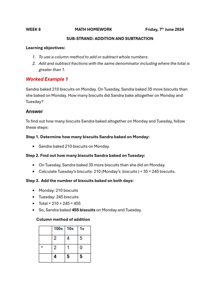Year 4 Math Homework Week 8-Addition and Subtraction | PDF