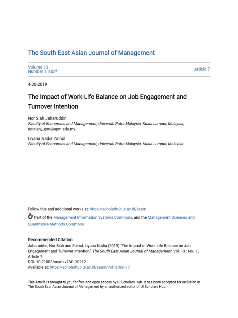 The Impact of Work-Life Balance On Job Engagement and Turnover in | PDF