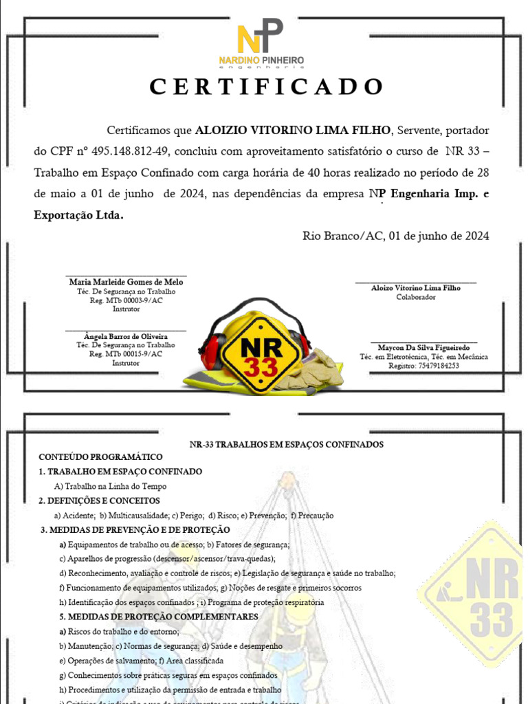 Certificado Padrão NR 33 | PDF