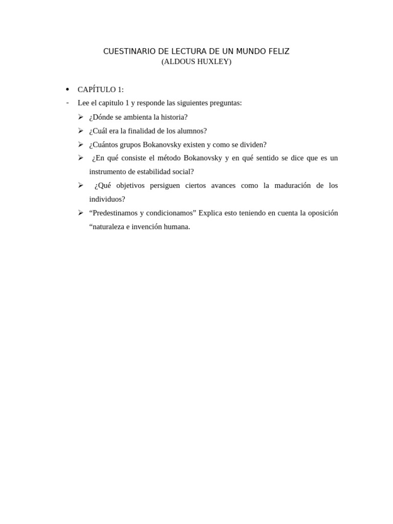 Cuestinario de Lectura de Un Mundo Feliz | PDF