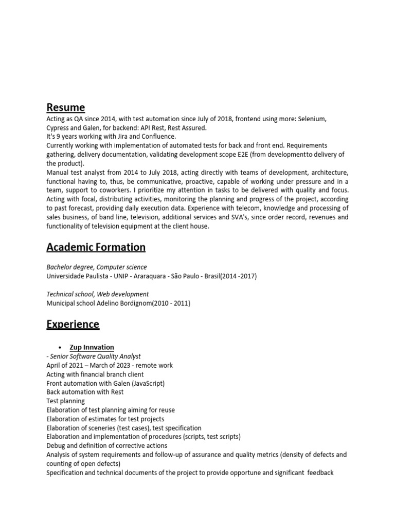 Quality analyst resume sample pdf