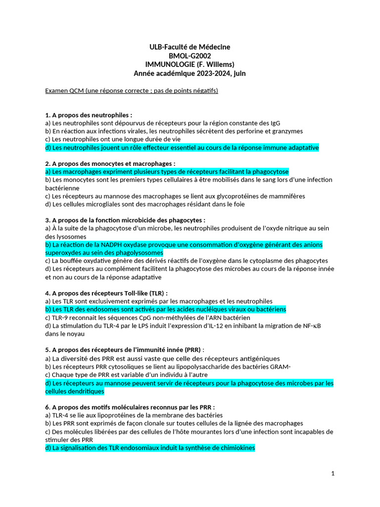 Examen Immunologie BMOL-G2002 S1 Année 2023-2024 Correctif | PDF ...