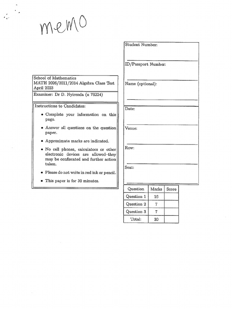 Algebra Class Test 1 Memo | PDF