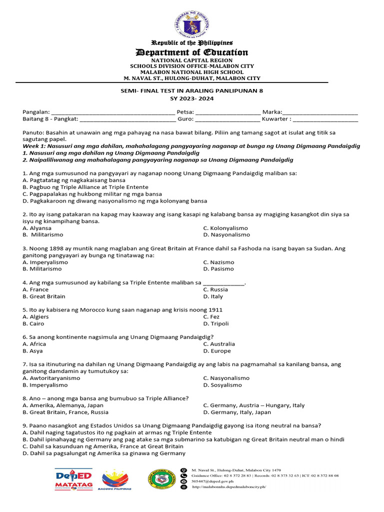 Semi - Final Test Ap 8 Sy 2023 - 2024 | PDF