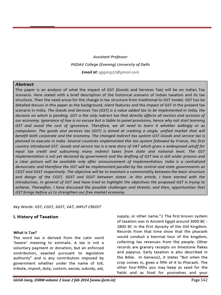 Basic Concepts and Features of Good and Service Tax in India | PDF