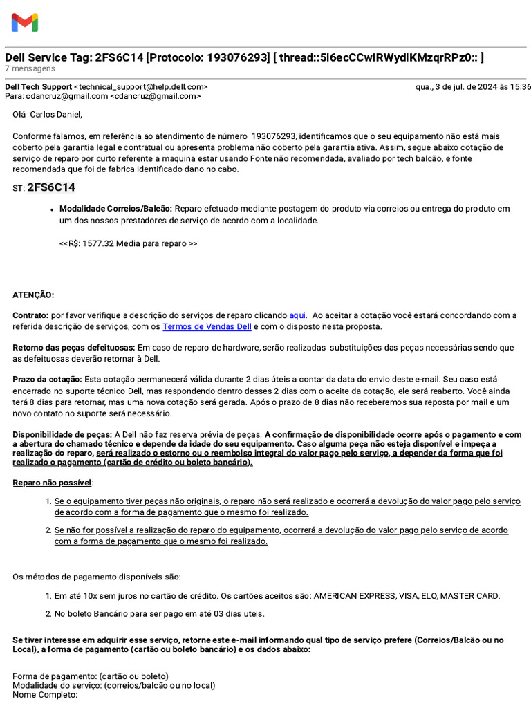 Gmail dell service tag 2fs6c14 protocolo 193076293 thread