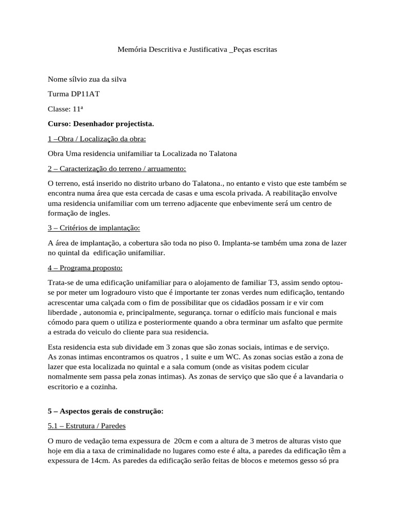 Memória Descritiva e Justificativa - Peças Escritas | PDF