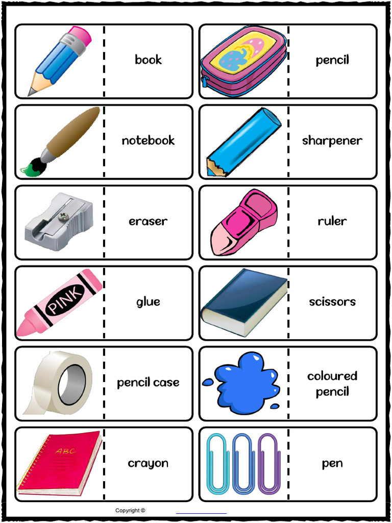 School Supplies Vocabulary Esl Printable Dominoes Games For Kids Pdf