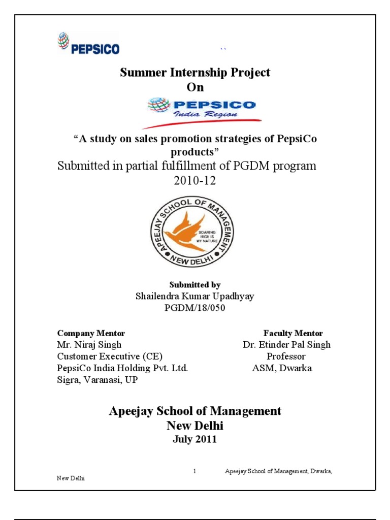 PepsiCo Summer Internship Project PDF Pepsi Co Diversity (Business)