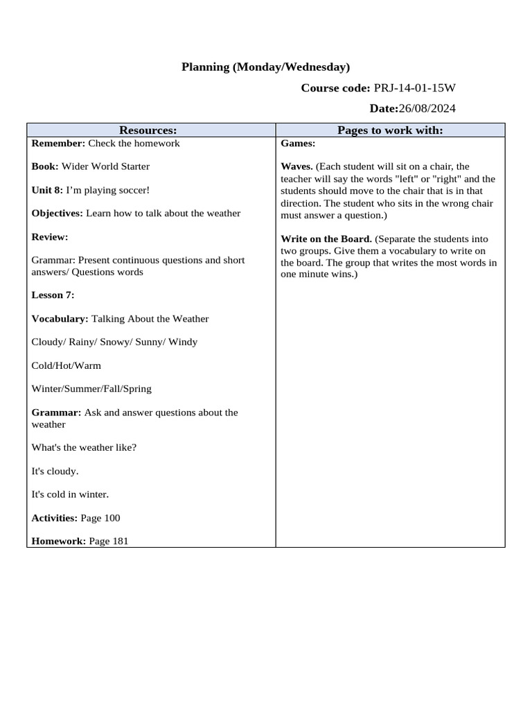 Wider World Starter, Unit 8, Lesson 8. | PDF