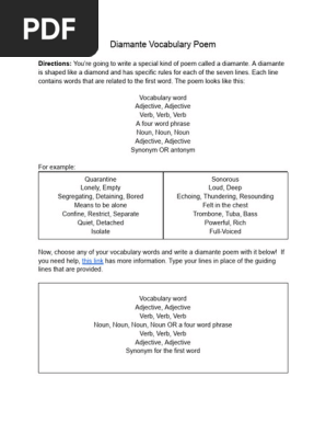 Diamante vocabulary poem worksheet