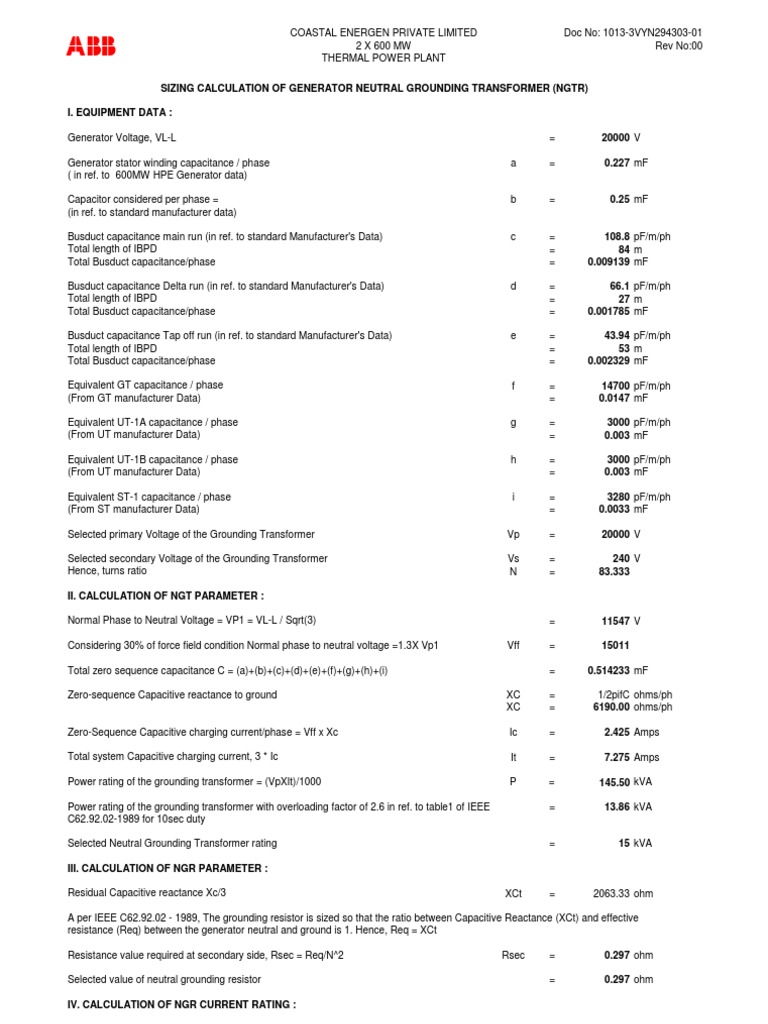 NGT and NGR Sizing Calculations | PDF | Capacitor | Resistor