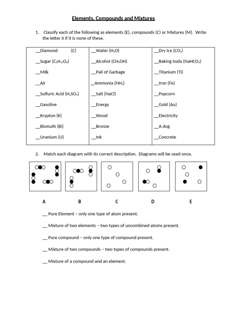 Elements Compounds And Mixtures Worksheet With Answers Elements