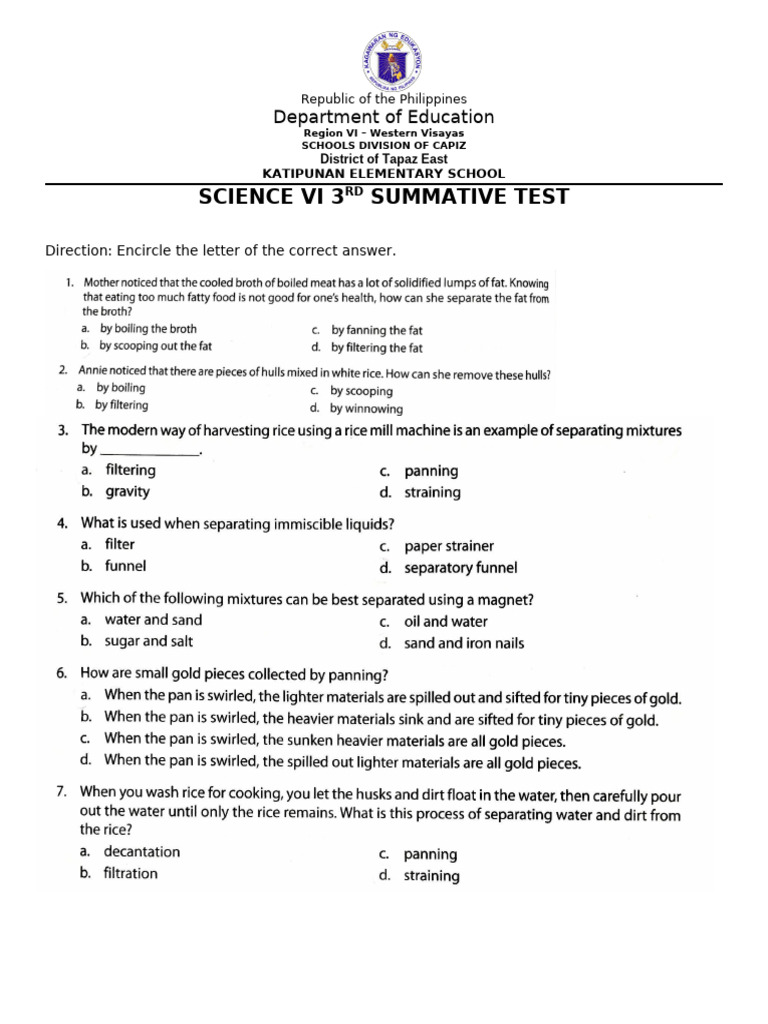 Science Vi 3RD Summative Test | PDF