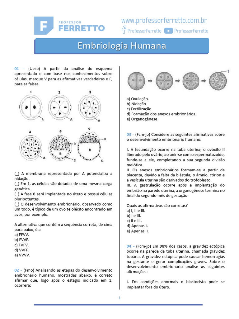 Questões - Embriologia Humana | PDF